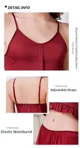Dettagli del pigiama in raso bordeaux con spalline regolabili ed elastico in vita