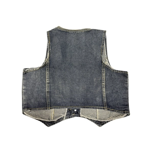 Detail view of the back of a vintage washed dark blue denim vest with yellow contrast stitching