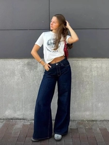 Jean bleu foncé pour femme à coupe large, style vintage décontracté et taille haute