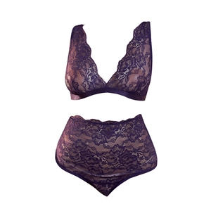 Sinnliches dunkelviolettes Spitzen-Lingerie-Set mit V-Ausschnitt Bralette und hoher Hose