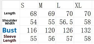 Größentabelle mit Längen-, Schulter-, Brust- und Ärmelmaßen für die Denimjacke
