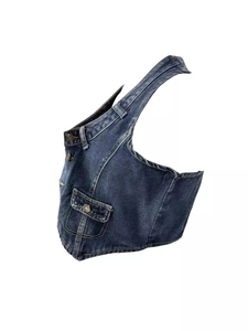 Vintage washed deep blue denim corset top with single strap and metal buttons