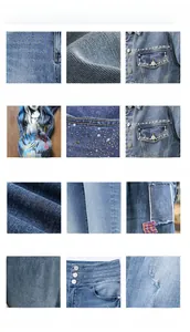 Detailed showcase of 12 denim finishing techniques including embroidery and digital printing