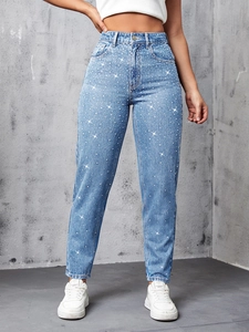 Jeans Denim a Vita Alta da Donna con Stelle in Strass Slim Fit Lavati Blu Luccicanti Streetwear Pantaloni Lunghi Casual