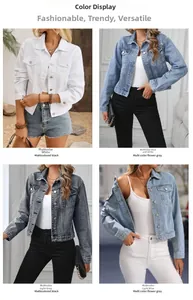 Collage of women's short denim jackets in white, light gray, and shades of blue with lapels