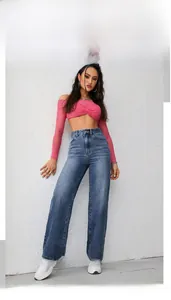 Detail view of high waist wide leg denim trousers with vintage wash and warm fleece lining