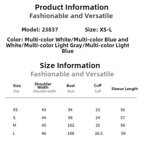 Detailed size chart for women's denim jacket showing XS-L measurements in centimeters