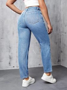 Jeans larghi a vita alta da donna con strass a stella e lavaggio blu medio classico