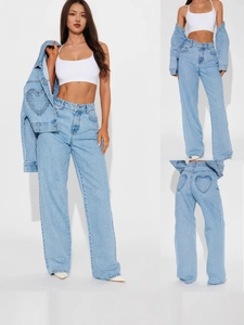 Jean Jambe Large Bleu Clair Taille Haute pour Femme Poche en Forme de Cœur Pantalon en Denim Délavé Mode Décontracté Droit