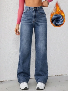 Women high waist wide leg light blue jeans with warm fleece lining for winter wear