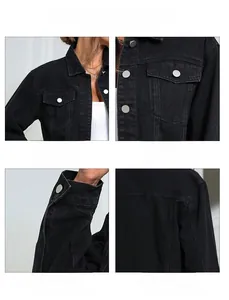Detail view of black denim jacket featuring lapel collar, flap pockets and silver buttons