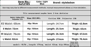 Size chart for vintage denim shorts showing waist and hip measurements in centimeters