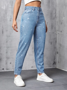 Jeans a vita alta da donna blu chiaro con strass scintillanti e vestibilità affusolata