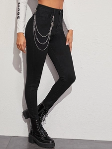 Damen Jeans mit Hoher Taille und Metallkette Slim Fit Streetwear Stretch Skinny Denim Bleistifthose Cropped Hose