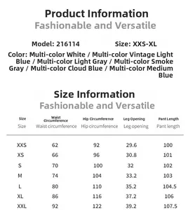 Detailed size chart for high-waisted distressed wide-leg jeans in multiple colors and sizes
