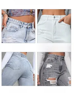 Detail showing high-waist cut, metal button fly, pockets, and ripped denim craftsmanship