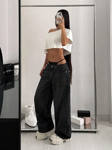 Street style wide leg jeans in dark wash grey with a white one shoulder crop top outfit