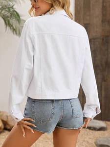 Rear view of a white cropped denim jacket with structured double stitching details