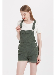 Dunkelgrüne Damen Cord-Latzhose mit Metallschnallen und praktischer Tasche vorne