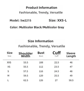 Guide des tailles détaillé pour veste en jean avec mesures allant de la taille XXS à L
