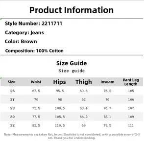 Guide des tailles détaillé pour jean femme taille haute en coton marron jambe large
