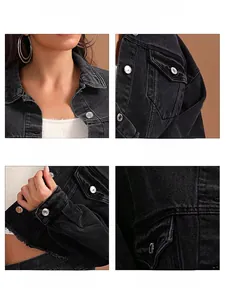 Détails d'une veste en jean noire avec col à revers, poches à rabat et poignets fendus