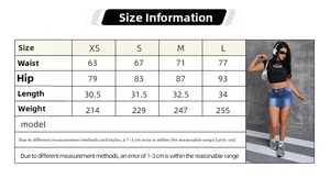 Detailed size chart for high waist denim mini skirt showing waist and hip measurements