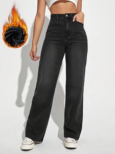 Women high waist straight leg black winter jeans with warm fleece lining detail