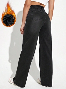 Rear view of black high-waisted wide-leg jeans with warm fleece lining and pocket details