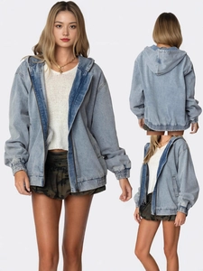 Damen Oversized Denimjacke Mit Kapuze Hellblau Gewaschene Baumwolle Langarm Reißverschluss Locker Casual Streetwear Top