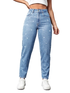 Jeans da donna a vita alta blu chiaro con strass scintillanti e motivo a stella