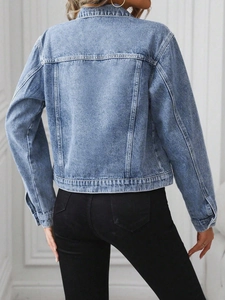 Classic short denim jacket for women in light blue with elegant back seam detailing