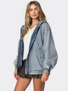 Lockere hellblaue Damen-Jeansjacke mit Kapuze, Reißverschluss und Gummizugsaum