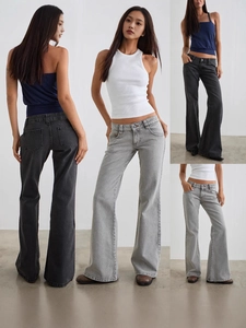 Jeans Évasés Lavés Vintage pour Femmes Coupe Slim en Denim Extensible Pantalon à Pattes d'Éléphant Taille Basse Décontracté Rétro