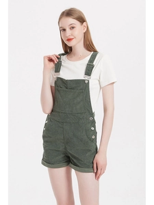 Damen Casual Cord Latzhose Shorts Jumpsuit Dunkelgrün Hohe Taille Träger Romper Mit Taschen Street Style Lockere Passform