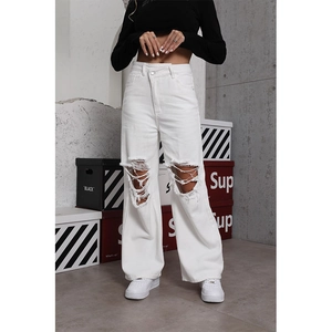 Women White High Waist Ripped Wide Leg Jeans Cotton Denim Distressed Streetwear Loose Fit Straight Pants