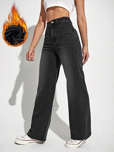 Detail of high waist wide leg jeans with fleece lining icon for winter warmth