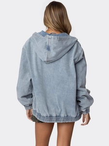 Lässige hellblaue Denim-Kapuzenjacke für Damen mit Gummizug an Saum und Manschetten