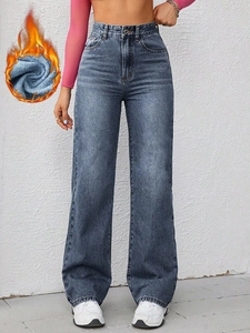 Women's high waist wide leg dark blue jeans with warm fleece lining and straight cut
