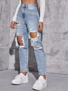 Women High Waist Distressed Straight Jeans Retro Streetwear Cut Out Ripped Denim Pants Long Trousers Casual Bottoms