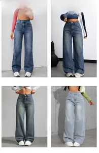 Collage of high-waisted wide-leg denim jeans in dark blue, royal blue and light washes