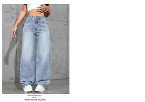 Detail of high-waisted wide-leg jeans in multicolored sky blue with vintage wash texture