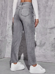 High-waisted distressed wide-leg jeans in washed grey black with side rip details