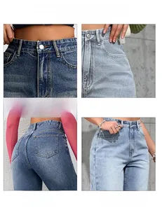 Detail view of high waist denim jeans showing stitching and deep blue wash texture