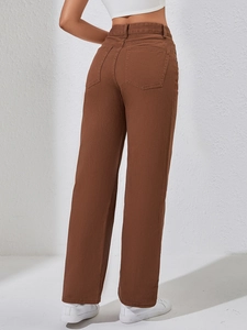 Pantalon femme marron décontracté taille haute jambe droite au style minimaliste