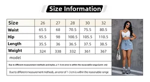 Detailed size chart for distressed denim skort showing waist, hip, and length measurements