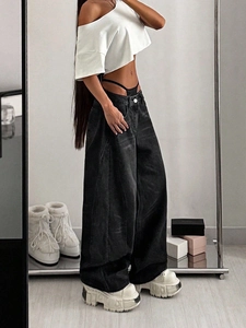 High waist wide leg faded black grey jeans with vintage street style and loose fit