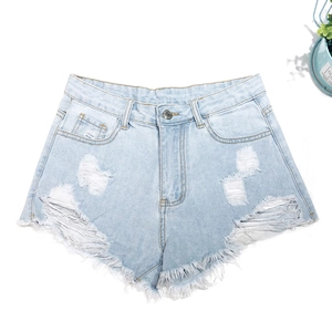 Light blue high-waisted distressed denim shorts with ripped details and frayed raw edges