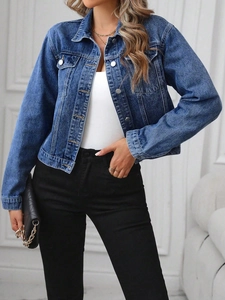 Classic blue washed denim jacket for women featuring a lapel collar and metal buttons