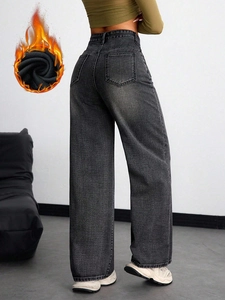 Women's Winter High Waist Wide Leg Straight Jeans Fleece Lined Brushed Warm Denim Trousers Solid Color Retro Washed Casual Pants